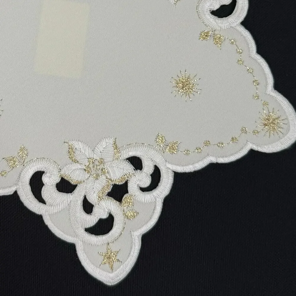 Set 4 German Embroidered Christmas Doilies Star Shaped Gold Thread 9” Table Mats